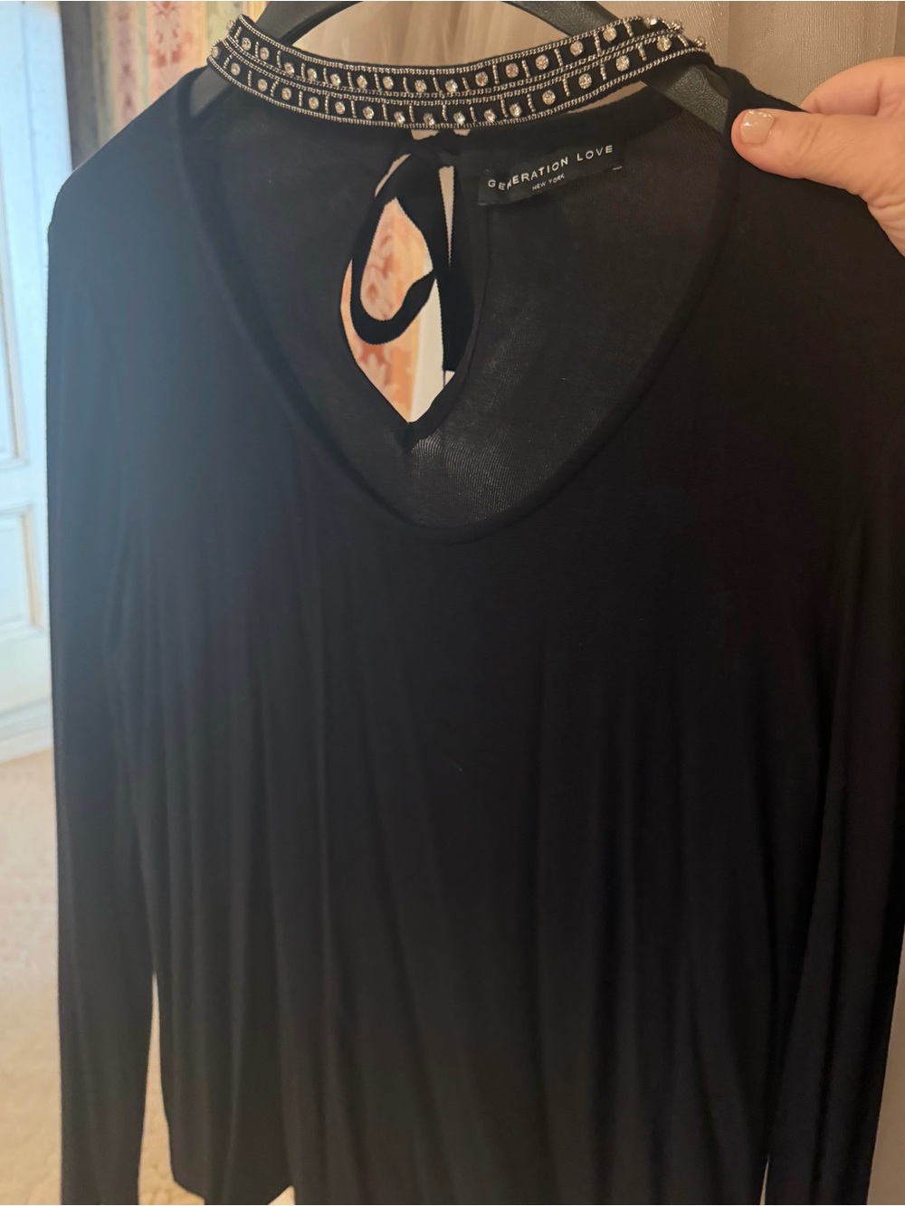 Generation Love Black Long Sleeve Top with crystal neckline ! large